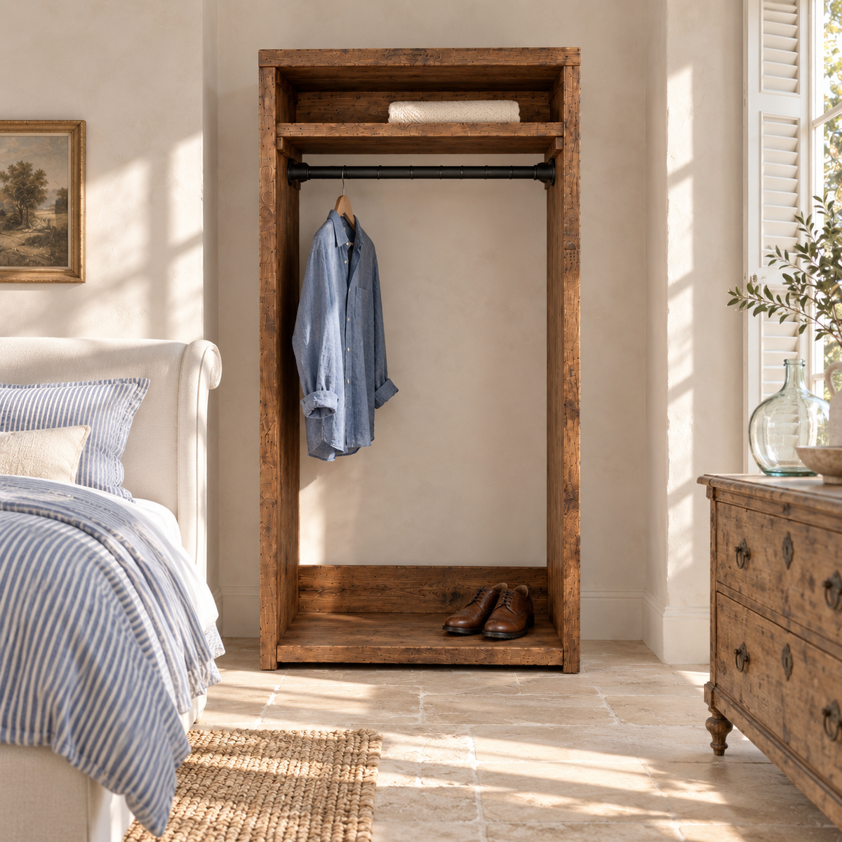 PADDINGTON Walnut Colour Solid Wood Wardrobe With Bottom Shelf – Open Wardrobe, Rustic Scandinavian Design