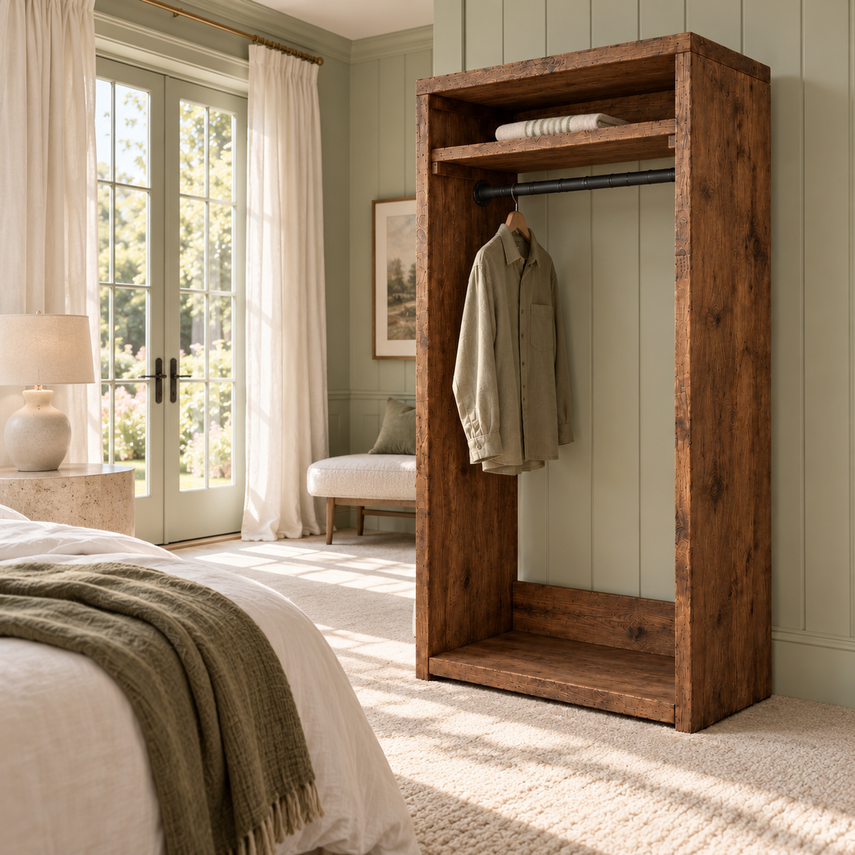PADDINGTON Walnut Colour Solid Wood Wardrobe With Bottom Shelf – Open Wardrobe, Rustic Scandinavian Design