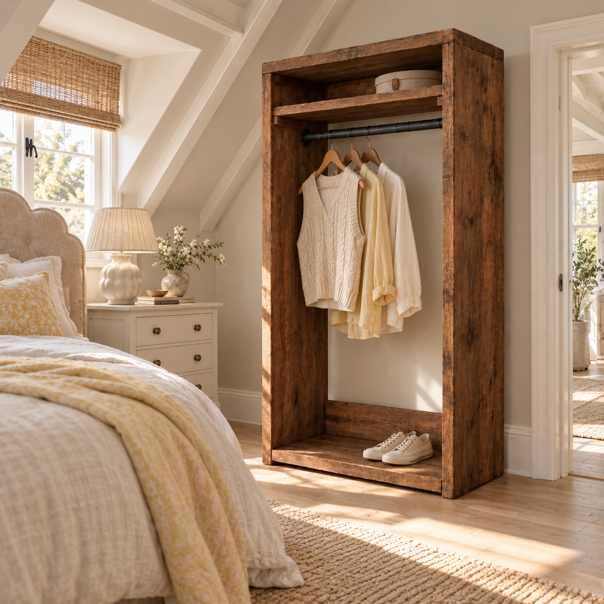 PADDINGTON Walnut Colour Solid Wood Wardrobe With Bottom Shelf – Open Wardrobe, Rustic Scandinavian Design