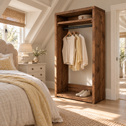 PADDINGTON Walnut Colour Solid Wood Wardrobe With Bottom Shelf – Open Wardrobe, Rustic Scandinavian Design
