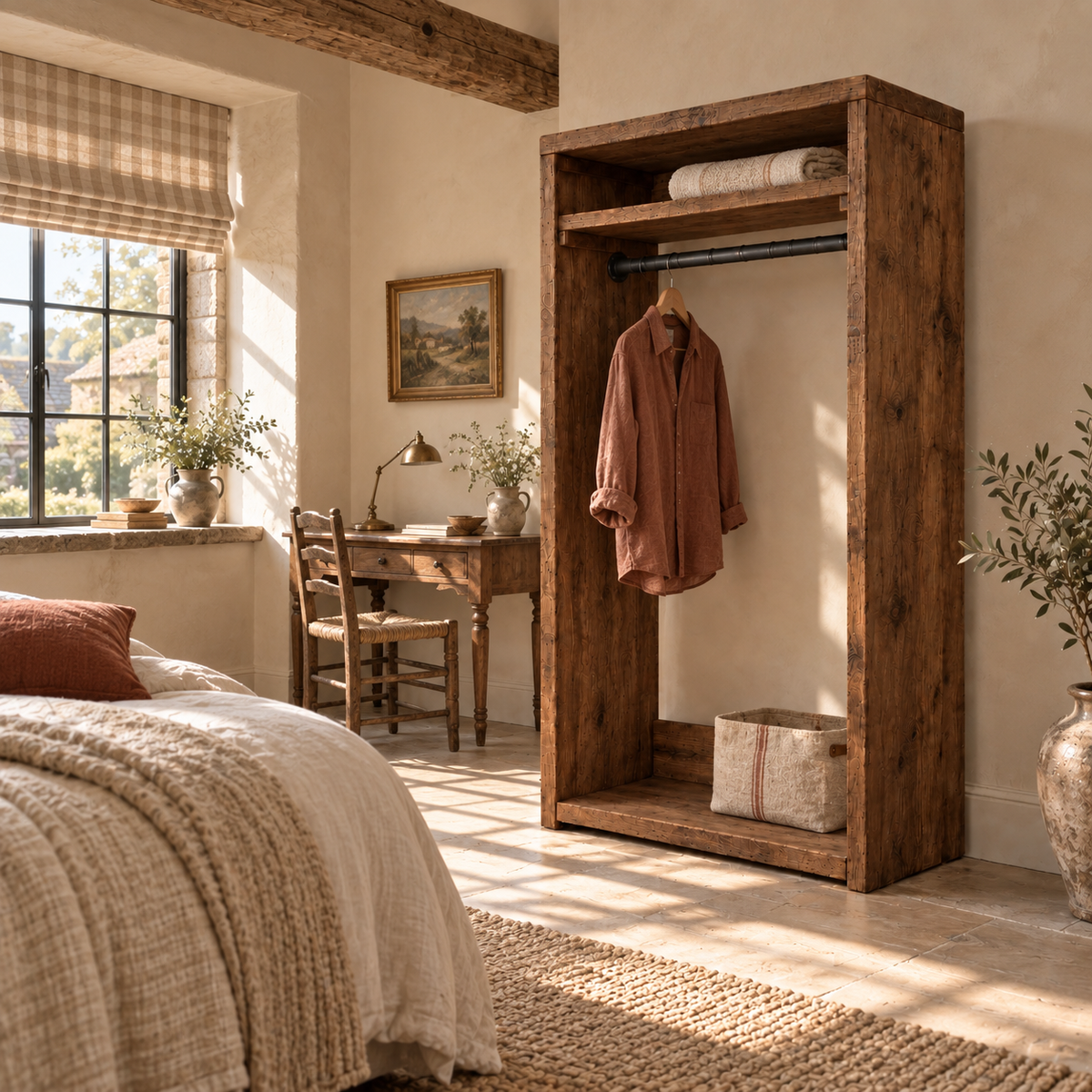 PADDINGTON Walnut Colour Solid Wood Wardrobe With Bottom Shelf – Open Wardrobe, Rustic Scandinavian Design