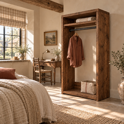 PADDINGTON Walnut Colour Solid Wood Wardrobe With Bottom Shelf – Open Wardrobe, Rustic Scandinavian Design