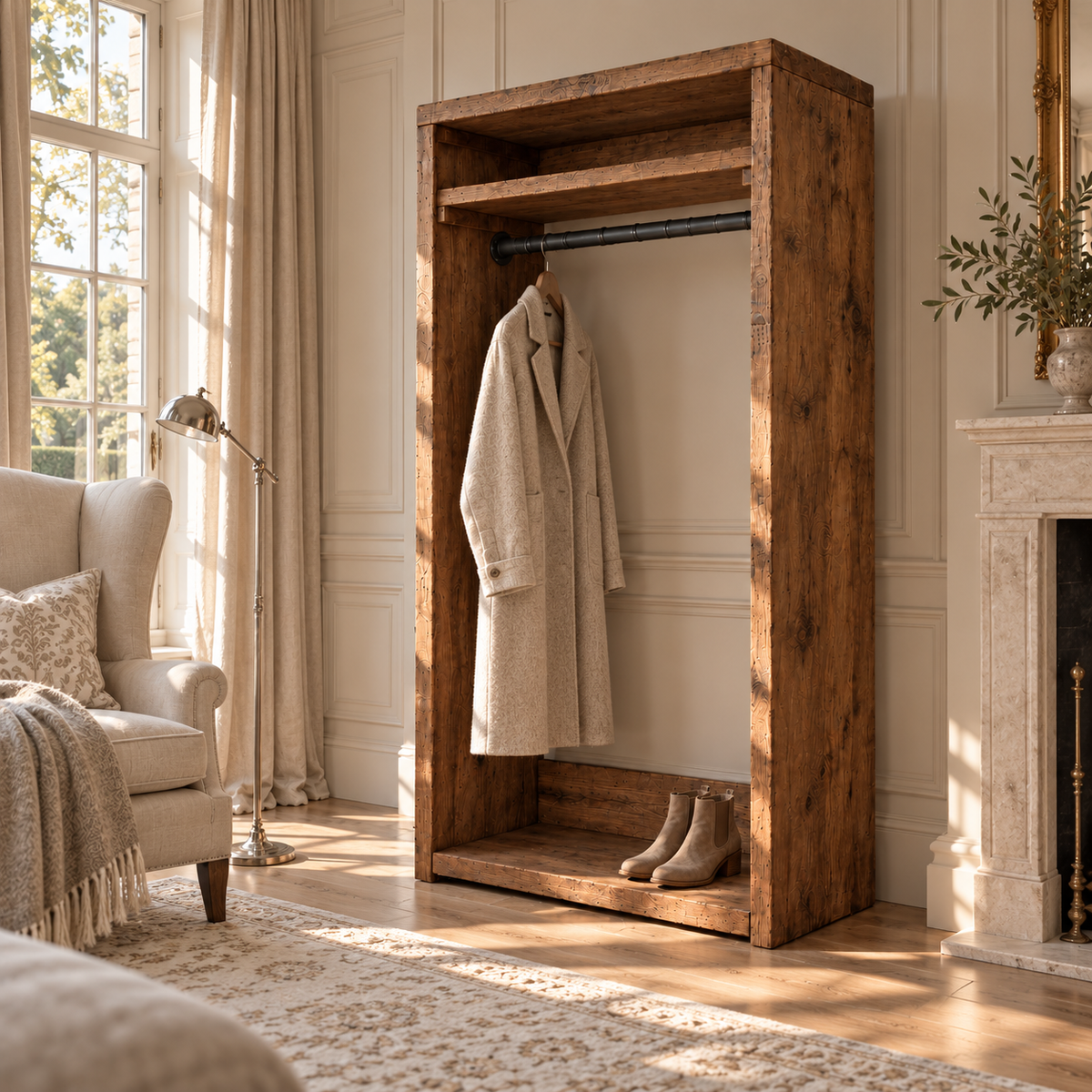 PADDINGTON Walnut Colour Solid Wood Wardrobe With Bottom Shelf – Open Wardrobe, Rustic Scandinavian Design
