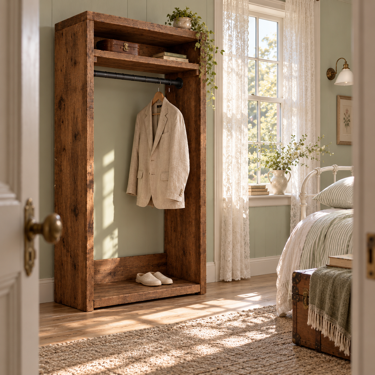 PADDINGTON Walnut Colour Solid Wood Wardrobe With Bottom Shelf – Open Wardrobe, Rustic Scandinavian Design