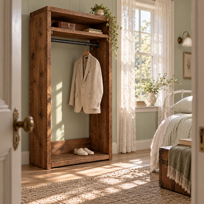 PADDINGTON Walnut Colour Solid Wood Wardrobe With Bottom Shelf – Open Wardrobe, Rustic Scandinavian Design