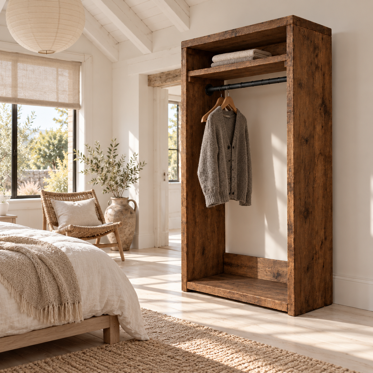 PADDINGTON Walnut Colour Solid Wood Wardrobe With Bottom Shelf – Open Wardrobe, Rustic Scandinavian Design