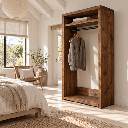 PADDINGTON Walnut Colour Solid Wood Wardrobe With Bottom Shelf – Open Wardrobe, Rustic Scandinavian Design