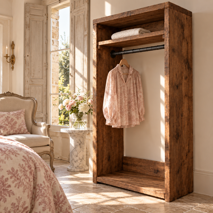 PADDINGTON Walnut Colour Solid Wood Wardrobe With Bottom Shelf – Open Wardrobe, Rustic Scandinavian Design