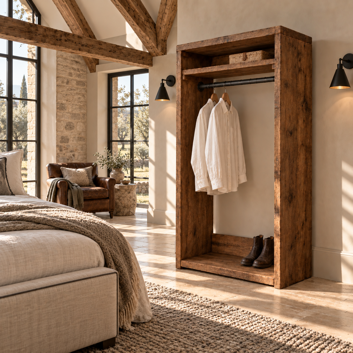 PADDINGTON Walnut Colour Solid Wood Wardrobe With Bottom Shelf – Open Wardrobe, Rustic Scandinavian Design