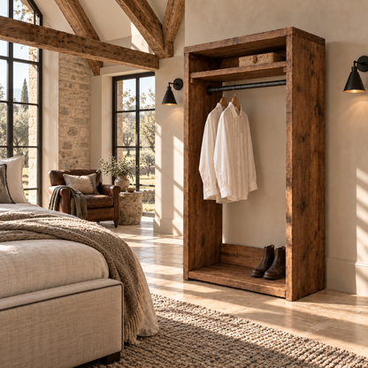PADDINGTON Walnut Colour Solid Wood Wardrobe With Bottom Shelf – Open Wardrobe, Rustic Scandinavian Design