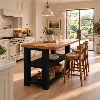 PEMBREY Black Kitchen Island With Overhang / Breakfast Bar / Rustic Island
