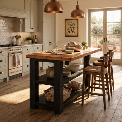 PEMBREY Black Kitchen Island With Overhang / Breakfast Bar / Rustic Island