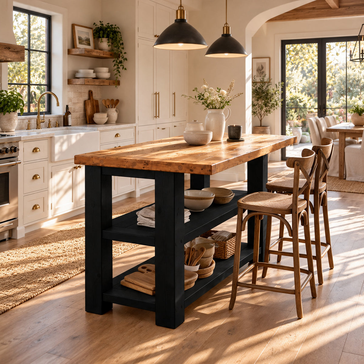 PEMBREY Black Kitchen Island With Overhang / Breakfast Bar / Rustic Island