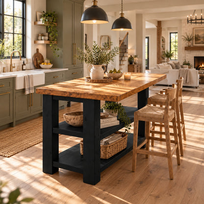 PEMBREY Black Kitchen Island With Overhang / Breakfast Bar / Rustic Island