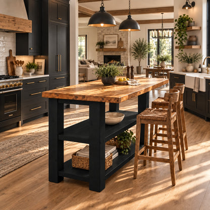 PEMBREY Black Kitchen Island With Overhang / Breakfast Bar / Rustic Island