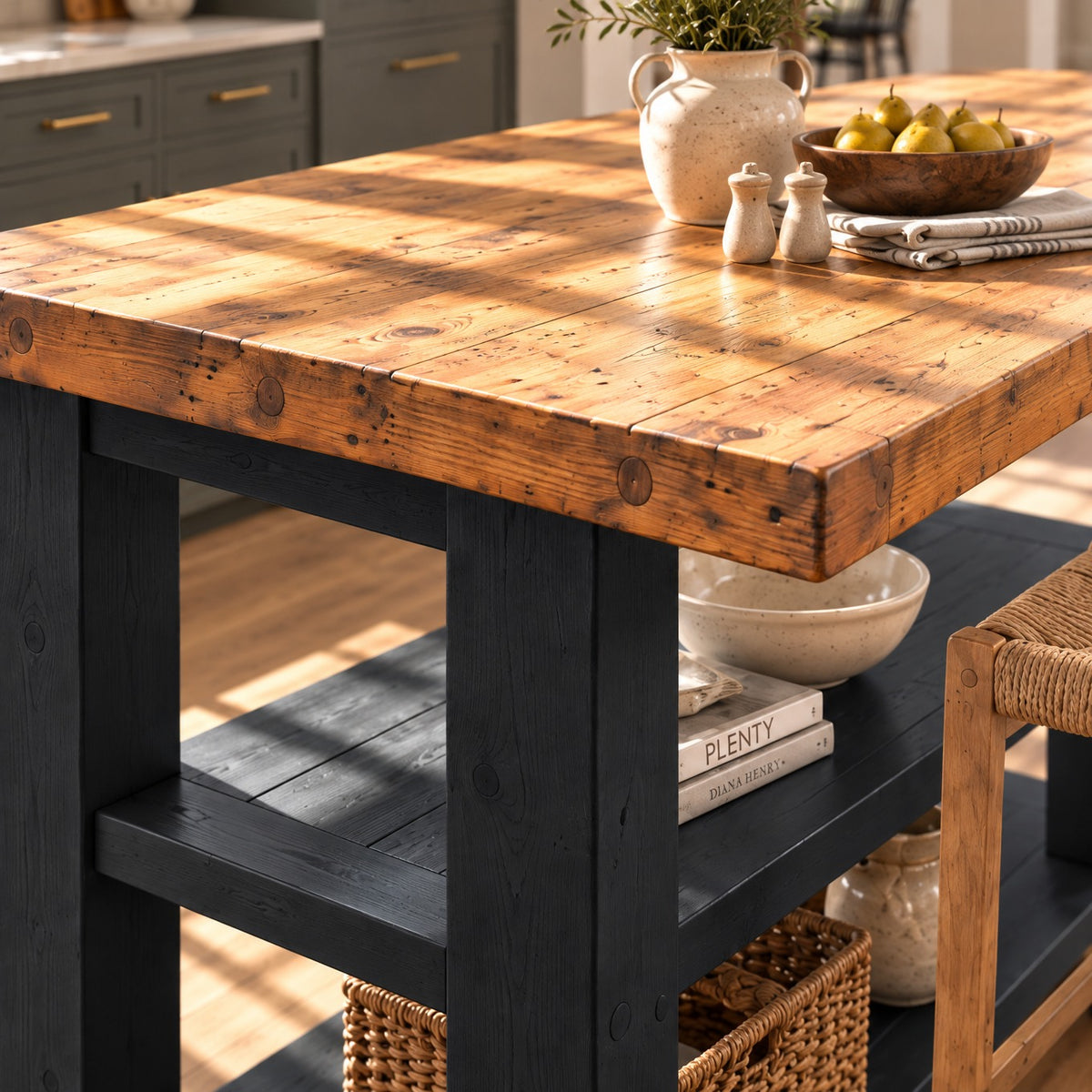 PEMBREY Black Kitchen Island With Overhang / Breakfast Bar / Rustic Island