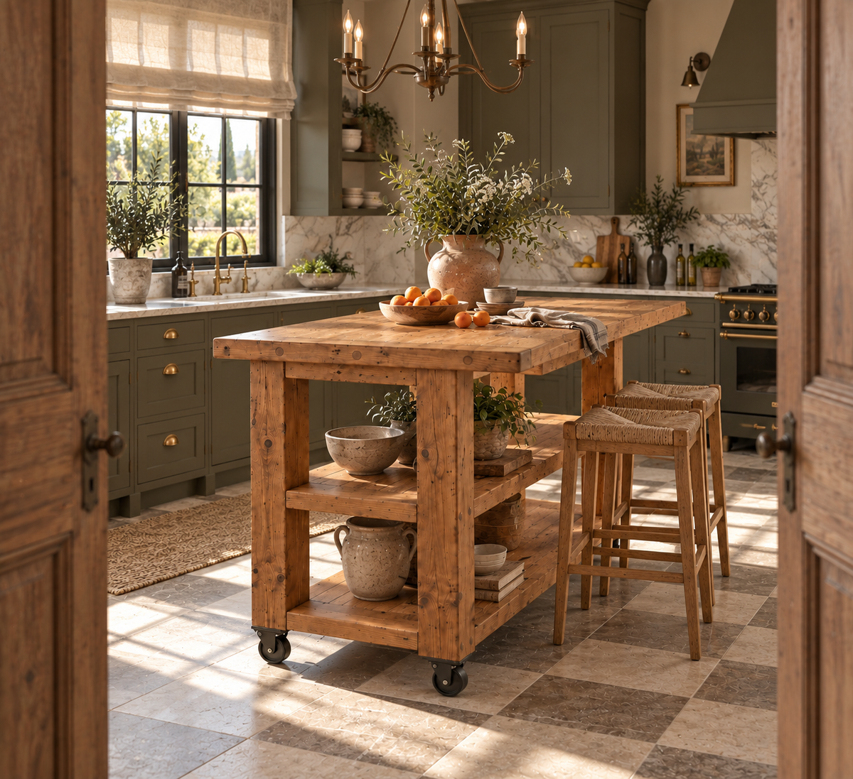 PEMBREY Cart Kitchen Island With Overhang And Wheels / Breakfast Bar / Rustic Island
