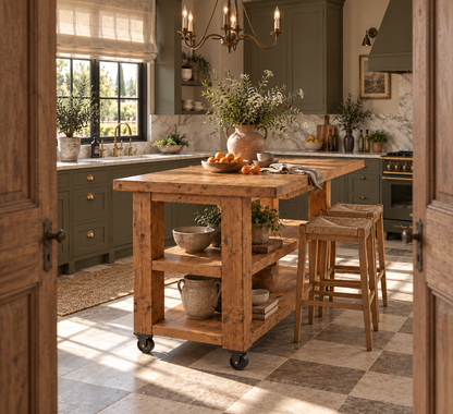 PEMBREY Cart Kitchen Island With Overhang And Wheels / Breakfast Bar / Rustic Island