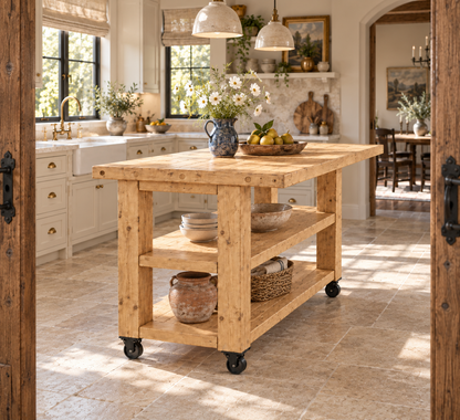 PEMBREY Cart Light Oak Colour Kitchen Island With Overhang And Wheels / Breakfast Bar / Rustic Island