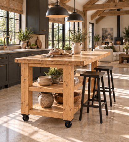 PEMBREY Cart Light Oak Colour Kitchen Island With Overhang And Wheels / Breakfast Bar / Rustic Island