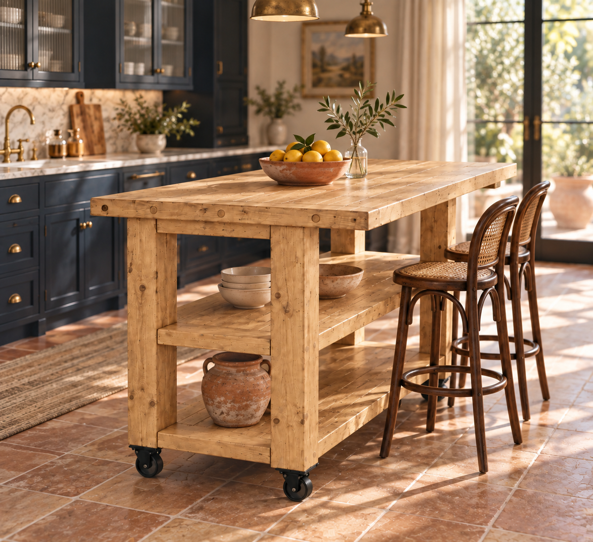PEMBREY Cart Light Oak Colour Kitchen Island With Overhang And Wheels / Breakfast Bar / Rustic Island
