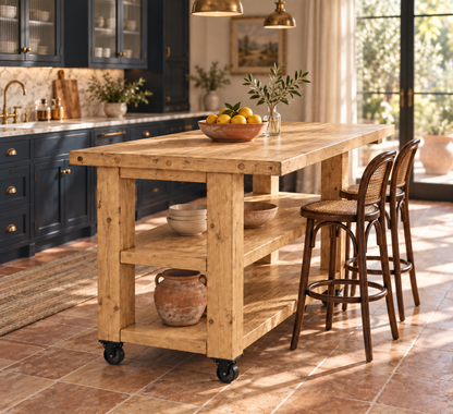 PEMBREY Cart Light Oak Colour Kitchen Island With Overhang And Wheels / Breakfast Bar / Rustic Island
