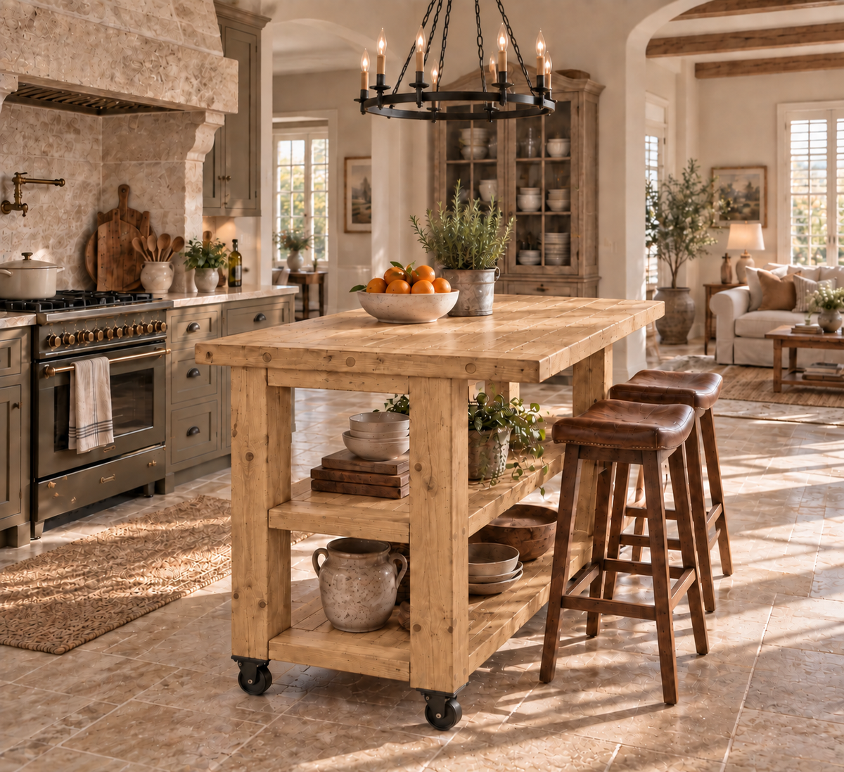 PEMBREY Cart Light Oak Colour Kitchen Island With Overhang And Wheels / Breakfast Bar / Rustic Island
