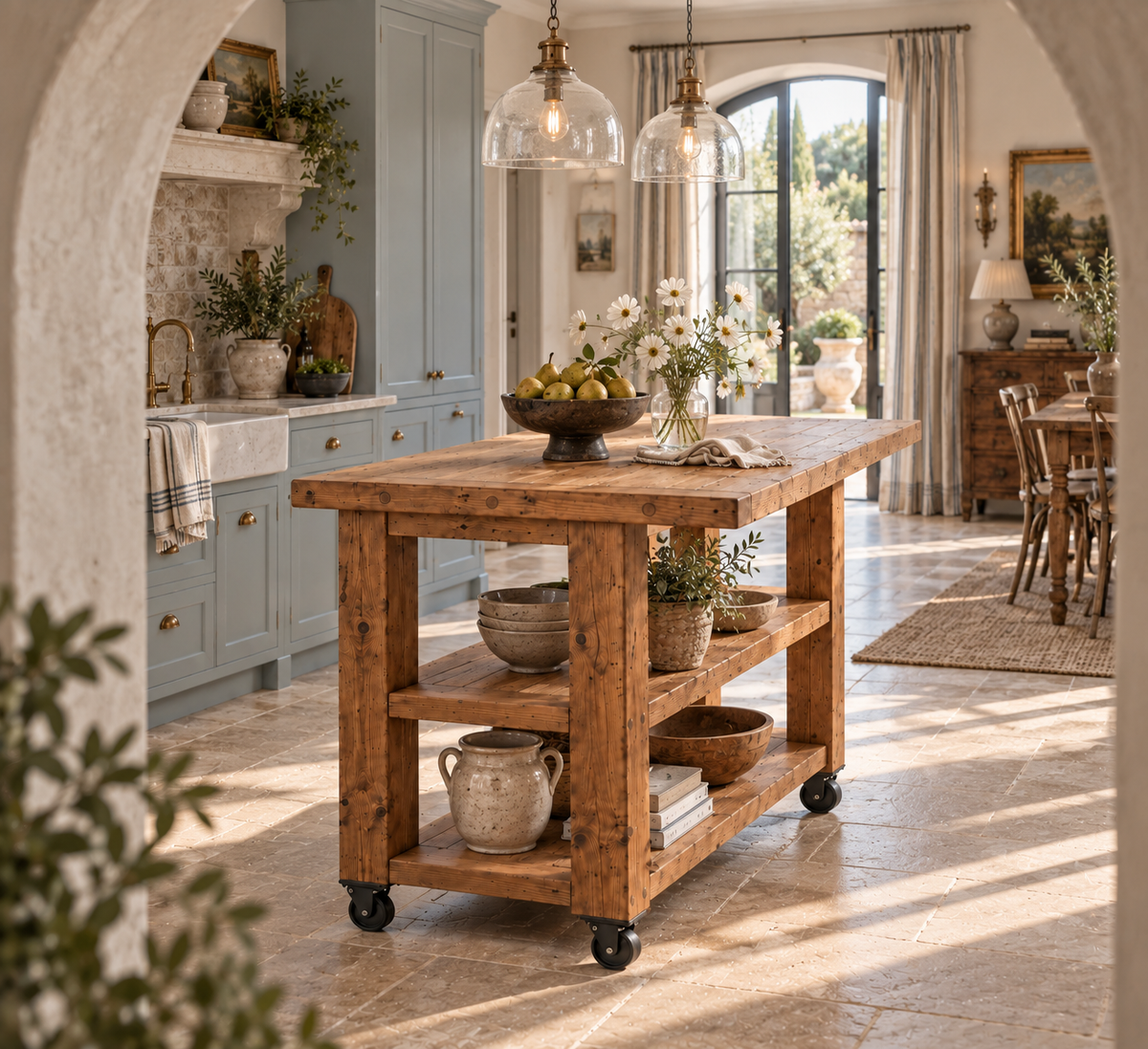 PEMBREY Cart Kitchen Island With Overhang And Wheels / Breakfast Bar / Rustic Island