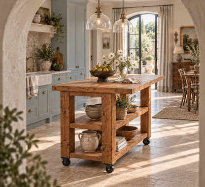 PEMBREY Cart Kitchen Island With Overhang And Wheels / Breakfast Bar / Rustic Island