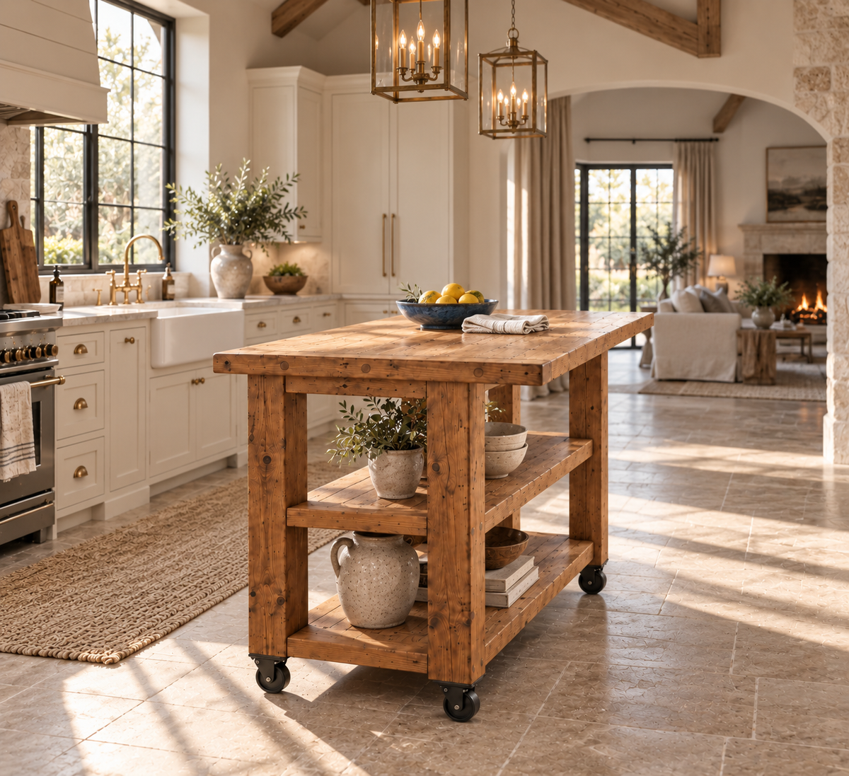 PEMBREY Cart Kitchen Island With Overhang And Wheels / Breakfast Bar / Rustic Island