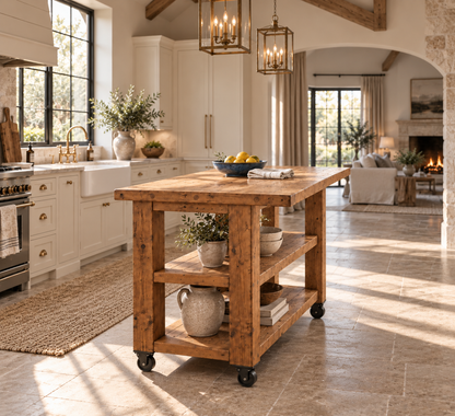 PEMBREY Cart Kitchen Island With Overhang And Wheels / Breakfast Bar / Rustic Island