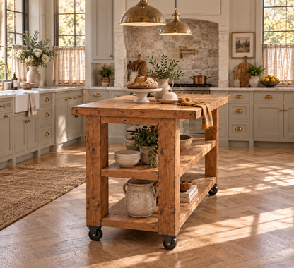 PEMBREY Cart Kitchen Island With Overhang And Wheels / Breakfast Bar / Rustic Island