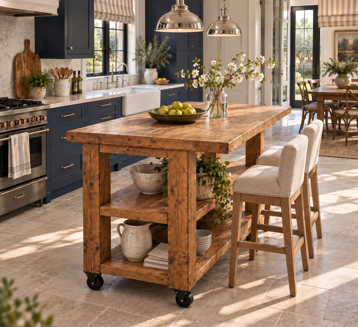 PEMBREY Cart Kitchen Island With Overhang And Wheels / Breakfast Bar / Rustic Island