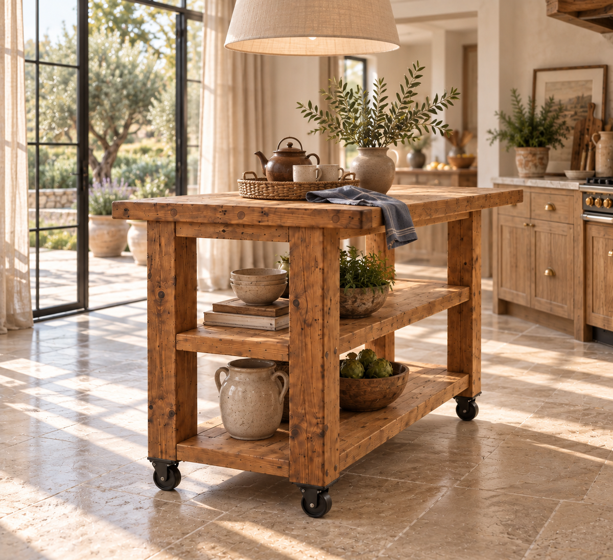 PEMBREY Cart Kitchen Island With Overhang And Wheels / Breakfast Bar / Rustic Island