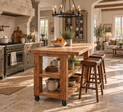 PEMBREY Cart Kitchen Island With Overhang And Wheels / Breakfast Bar / Rustic Island