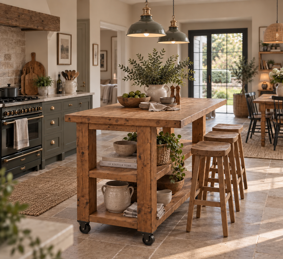 PEMBREY Cart Kitchen Island With Overhang And Wheels / Breakfast Bar / Rustic Island