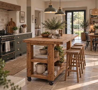 PEMBREY Cart Kitchen Island With Overhang And Wheels / Breakfast Bar / Rustic Island