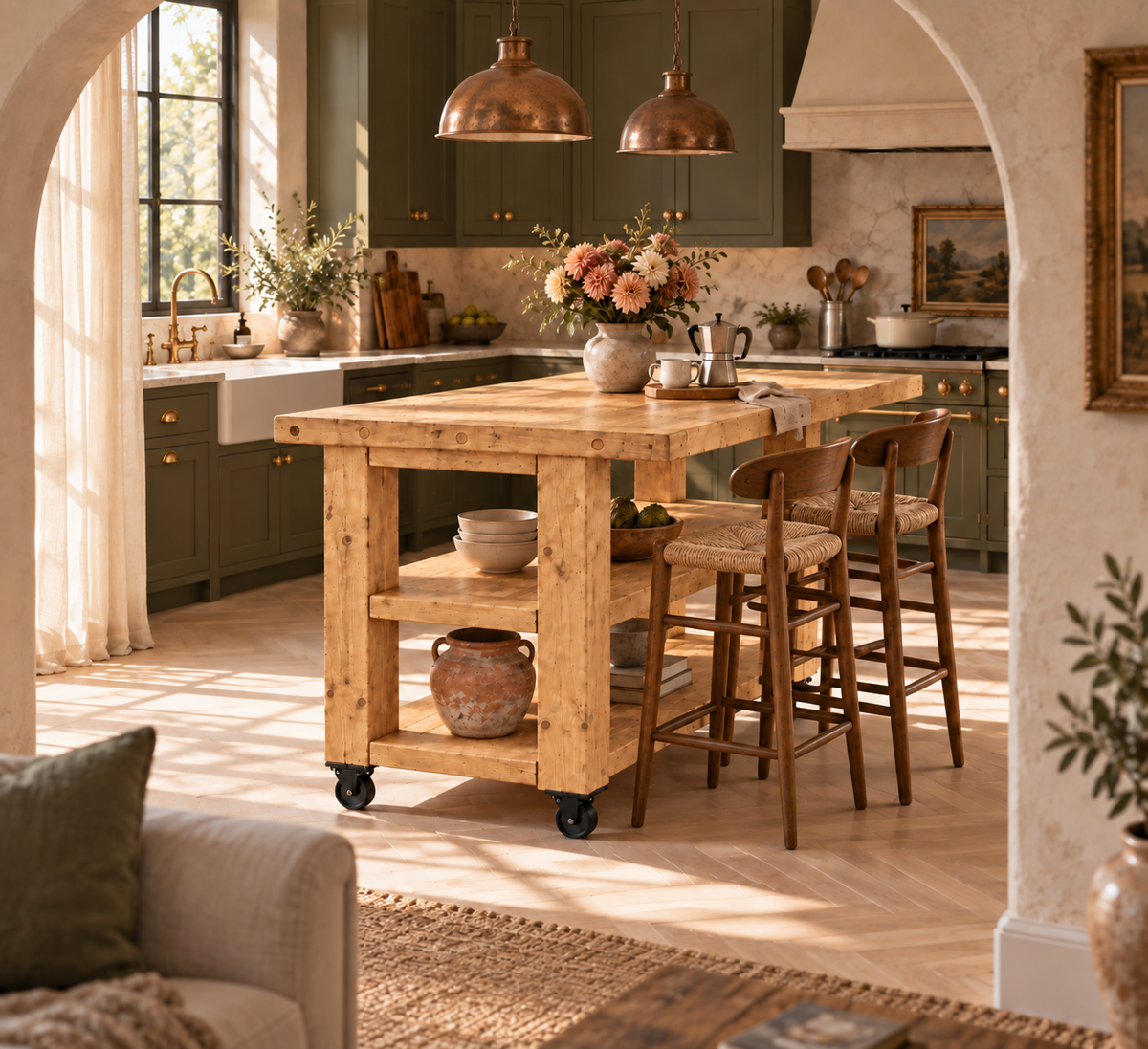 PEMBREY Cart Light Oak Colour Kitchen Island With Overhang And Wheels / Breakfast Bar / Rustic Island