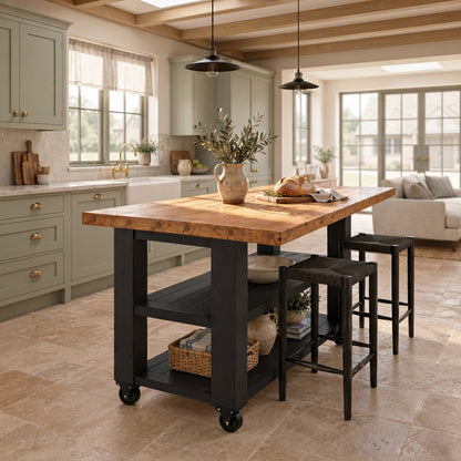 PEMBREY Cart Black Kitchen Island With Overhang / Breakfast Bar / Rustic Island