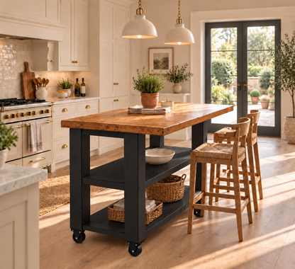 PEMBREY Cart Black Kitchen Island With Overhang / Breakfast Bar / Rustic Island