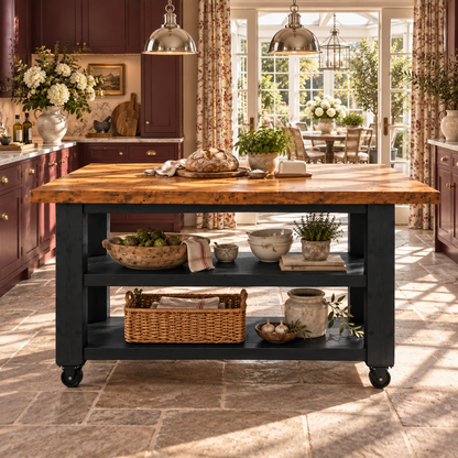 PEMBREY Cart Black Kitchen Island With Overhang / Breakfast Bar / Rustic Island