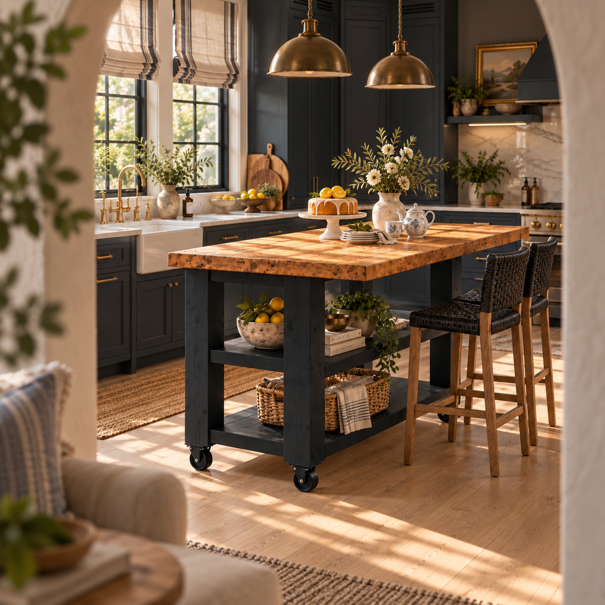 PEMBREY Cart Black Kitchen Island With Overhang / Breakfast Bar / Rustic Island