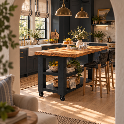 PEMBREY Cart Black Kitchen Island With Overhang / Breakfast Bar / Rustic Island