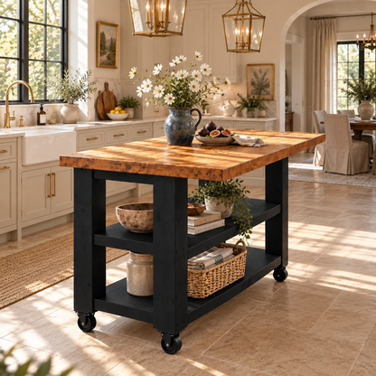 PEMBREY Cart Black Kitchen Island With Overhang / Breakfast Bar / Rustic Island
