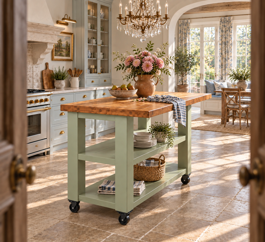 PEMBREY Cart Light Green Kitchen Island With Overhang / Breakfast Bar / Rustic Island