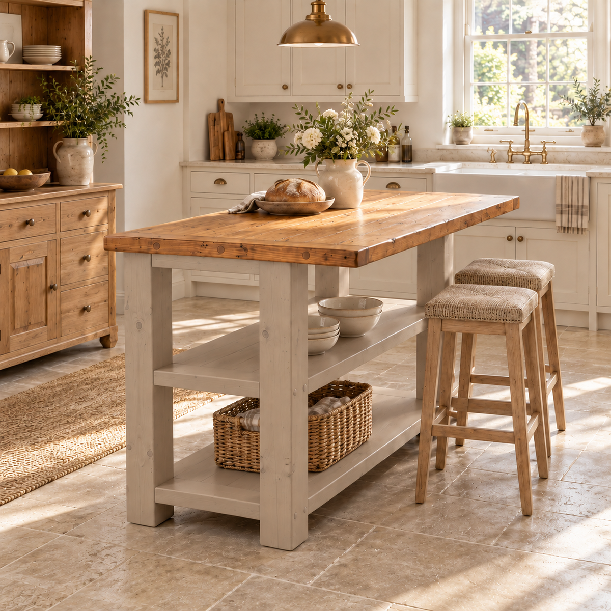 PEMBREY Cashmere Kitchen Island With Overhang / Breakfast Bar / Rustic Island