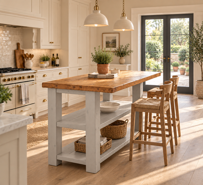 PEMBREY Light Grey Kitchen Island With Overhang / Breakfast Bar / Rustic Island