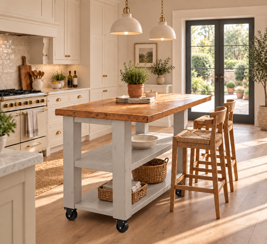PEMBREY Cart Light Grey Kitchen Island With Overhang / Breakfast Bar / Rustic Island