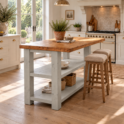 PEMBREY Light Grey Kitchen Island With Overhang / Breakfast Bar / Rustic Island