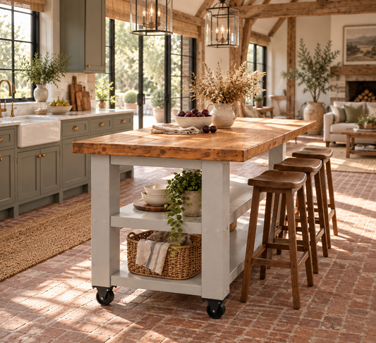 PEMBREY Cart Light Grey Kitchen Island With Overhang / Breakfast Bar / Rustic Island
